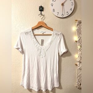 White Crochet Detail Short Sleeve Top